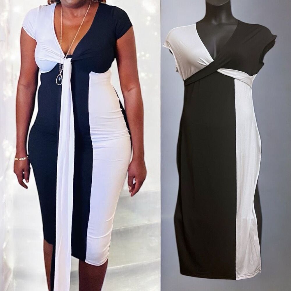 Black & White Colorblock Wrap Tie Midi Dress Size XXL NEW - Picture 2 of 9